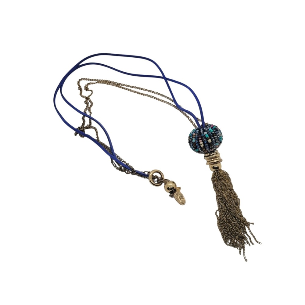 Jules Long Tassel Pendant Necklace Blue Cord Gold Chain Beaded Orb Boho